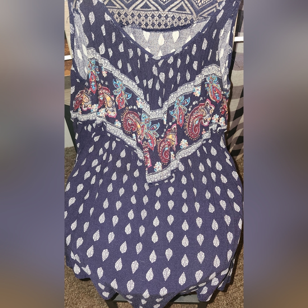No Boundaries Navy and White Paisley Tank Top